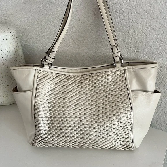 Coach Bags Coach Woven White Gold Leather Basket Weave Tote
